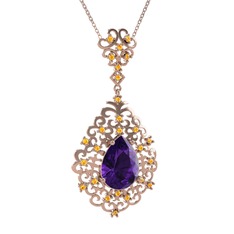 Ametist ve sitrin 14 ayar rose altın kolye (40 cm rose altın rolo zincir)