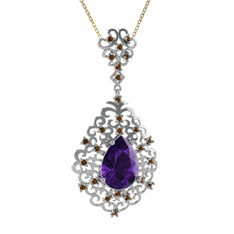 Ametist ve dumanlı kuvars 18 ayar beyaz altın kolye (40 cm altın rolo zincir)