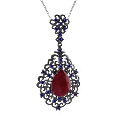 Dalila Kolye - Kök yakut ve lab safir 925 ayar siyah rodyum kaplama gümüş kolye (40 cm beyaz altın rolo zincir) #8gz3aw