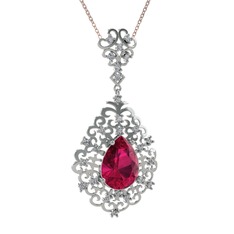 Rodolit garnet ve pırlanta 18 ayar beyaz altın kolye (0.52 karat, 40 cm rose altın rolo zincir)