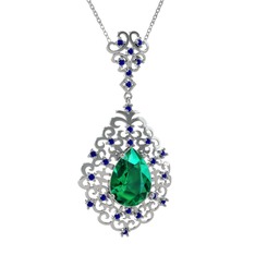 Dalila Kolye - Yeşil kuvars ve lab safir 14 ayar beyaz altın kolye (40 cm beyaz altın rolo zincir) #8y4hwp