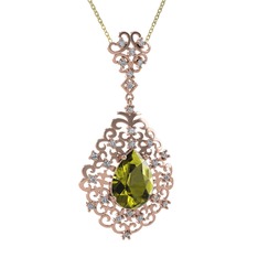 Peridot ve beyaz zirkon 925 ayar rose altın kaplama gümüş kolye (40 cm altın rolo zincir)