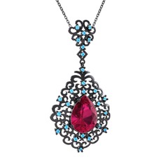 Rodolit garnet ve akuamarin 925 ayar siyah rodyum kaplama gümüş kolye (40 cm gümüş rolo zincir)