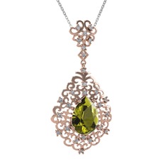 Peridot ve pırlanta 14 ayar rose altın kolye (0.52 karat, 40 cm beyaz altın rolo zincir)