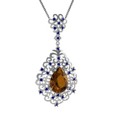 Dalila Kolye - Dumanlı kuvars ve lab safir 18 ayar beyaz altın kolye (40 cm gümüş rolo zincir) #9p10ob