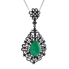 Dalila Kolye - Kök zümrüt ve siyah zirkon 925 ayar siyah rodyum kaplama gümüş kolye (40 cm beyaz altın rolo zincir) #9x2b1v