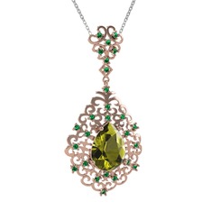 Peridot ve yeşil kuvars 14 ayar rose altın kolye (40 cm beyaz altın rolo zincir)