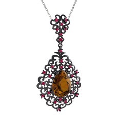 Dalila Kolye - Dumanlı kuvars ve rodolit garnet 925 ayar siyah rodyum kaplama gümüş kolye (40 cm beyaz altın rolo zincir) #a4uh6e