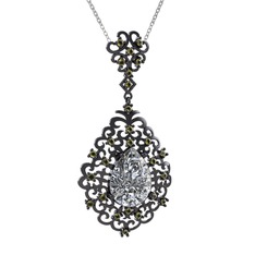 Dalila Kolye - Beyaz zirkon ve peridot 925 ayar siyah rodyum kaplama gümüş kolye (40 cm beyaz altın rolo zincir) #a8cxwu