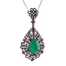 Dalila Kolye - Kök zümrüt ve garnet 925 ayar siyah rodyum kaplama gümüş kolye (40 cm beyaz altın rolo zincir) #b0246o