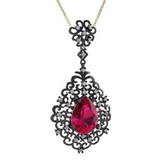 Rodolit garnet ve beyaz zirkon 925 ayar siyah rodyum kaplama gümüş kolye (40 cm altın rolo zincir)