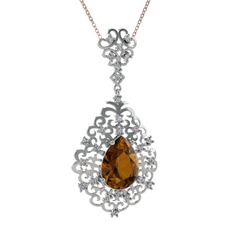 Dumanlı kuvars ve pırlanta 14 ayar beyaz altın kolye (0.52 karat, 40 cm rose altın rolo zincir)
