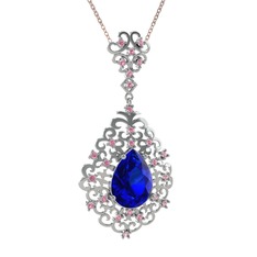 Lab safir ve pembe kuvars 14 ayar beyaz altın kolye (40 cm rose altın rolo zincir)