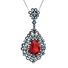 Dalila Kolye - Garnet ve akuamarin 925 ayar siyah rodyum kaplama gümüş kolye (40 cm beyaz altın rolo zincir) #douur4