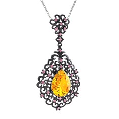 Dalila Kolye - Sitrin ve pembe kuvars 925 ayar siyah rodyum kaplama gümüş kolye (40 cm beyaz altın rolo zincir) #dwbvcm