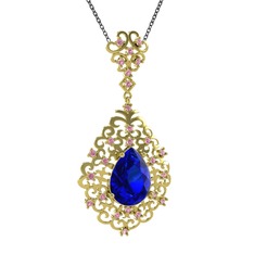 Lab safir ve pembe kuvars 18 ayar altın kolye (40 cm gümüş rolo zincir)
