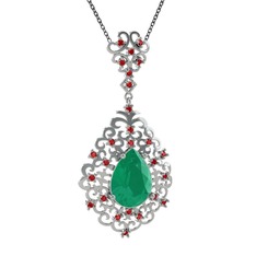 Dalila Kolye - Kök zümrüt ve garnet 8 ayar beyaz altın kolye (40 cm gümüş rolo zincir) #f60bfm