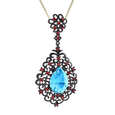 Dalila Kolye - Akuamarin ve garnet 925 ayar siyah rodyum kaplama gümüş kolye (40 cm gümüş rolo zincir) #g4frqo