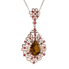 Dumanlı kuvars ve garnet 14 ayar rose altın kolye (40 cm rose altın rolo zincir)