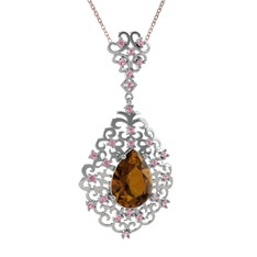 Dalila Kolye - Dumanlı kuvars ve pembe kuvars 8 ayar beyaz altın kolye (40 cm rose altın rolo zincir) #h26z0w