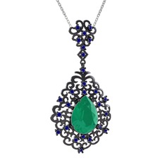 Dalila Kolye - Kök zümrüt ve lab safir 925 ayar siyah rodyum kaplama gümüş kolye (40 cm gümüş rolo zincir) #hhhw52