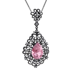 Pembe kuvars ve beyaz zirkon 925 ayar siyah rodyum kaplama gümüş kolye (40 cm gümüş rolo zincir)