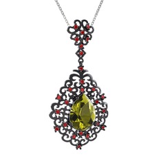 Dalila Kolye - Peridot ve garnet 925 ayar siyah rodyum kaplama gümüş kolye (40 cm gümüş rolo zincir) #j5vqhd