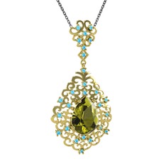 Peridot ve akuamarin 18 ayar altın kolye (40 cm gümüş rolo zincir)