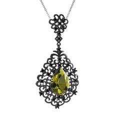 Peridot ve siyah zirkon 925 ayar siyah rodyum kaplama gümüş kolye (40 cm beyaz altın rolo zincir)