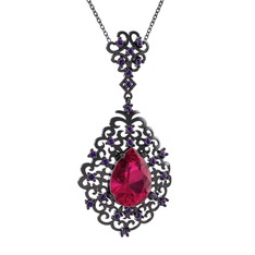 Rodolit garnet ve ametist 925 ayar siyah rodyum kaplama gümüş kolye (40 cm gümüş rolo zincir)