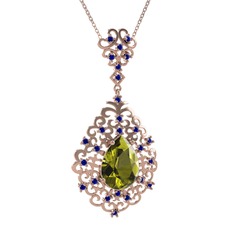 Peridot ve lab safir 925 ayar rose altın kaplama gümüş kolye (40 cm gümüş rolo zincir)