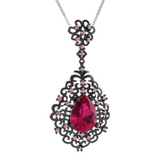 Dalila Kolye - Rodolit garnet ve pembe kuvars 925 ayar siyah rodyum kaplama gümüş kolye (40 cm beyaz altın rolo zincir) #lngzup