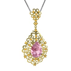 Pembe kuvars ve sitrin 925 ayar altın kaplama gümüş kolye (40 cm gümüş rolo zincir)