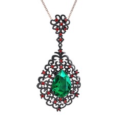 Yeşil kuvars ve garnet 925 ayar siyah rodyum kaplama gümüş kolye (40 cm gümüş rolo zincir)