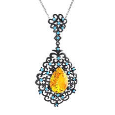 Dalila Kolye - Sitrin ve akuamarin 925 ayar siyah rodyum kaplama gümüş kolye (40 cm beyaz altın rolo zincir) #mv8et4