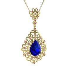 Lab safir ve pembe kuvars 18 ayar altın kolye (40 cm gümüş rolo zincir)