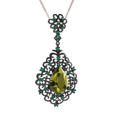 Dalila Kolye - Peridot ve yeşil kuvars 925 ayar siyah rodyum kaplama gümüş kolye (40 cm rose altın rolo zincir) #nlgrvc