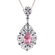Pembe kuvars ve ametist 8 ayar beyaz altın kolye (40 cm gümüş rolo zincir)