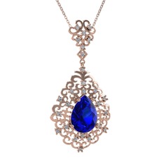Lab safir ve beyaz zirkon 14 ayar rose altın kolye (40 cm rose altın rolo zincir)