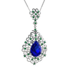 Lab safir ve yeşil kuvars 18 ayar beyaz altın kolye (40 cm beyaz altın rolo zincir)