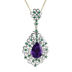 Dalila Kolye - Ametist ve yeşil kuvars 8 ayar beyaz altın kolye (40 cm gümüş rolo zincir) #pdrbk