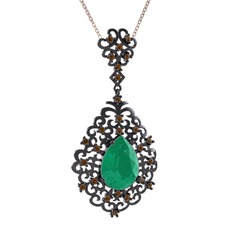 Dalila Kolye - Kök zümrüt ve dumanlı kuvars 925 ayar siyah rodyum kaplama gümüş kolye (40 cm rose altın rolo zincir) #pqa8r7