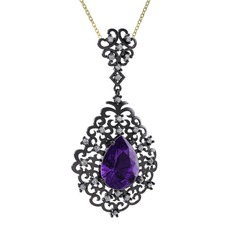 Dalila Kolye - Ametist ve swarovski 925 ayar siyah rodyum kaplama gümüş kolye (40 cm altın rolo zincir) #pu4671