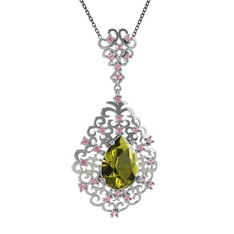 Dalila Kolye - Peridot ve pembe kuvars 14 ayar beyaz altın kolye (40 cm gümüş rolo zincir) #puqnqa
