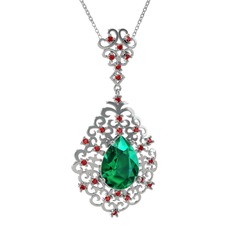 Yeşil kuvars ve garnet 18 ayar beyaz altın kolye (40 cm beyaz altın rolo zincir)