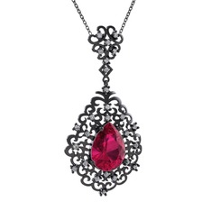 Dalila Kolye - Rodolit garnet ve pırlanta 925 ayar siyah rodyum kaplama gümüş kolye (0.52 karat, 40 cm gümüş rolo zincir) #q8msbx