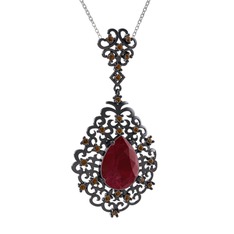 Dalila Kolye - Kök yakut ve dumanlı kuvars 925 ayar siyah rodyum kaplama gümüş kolye (40 cm beyaz altın rolo zincir) #qc4crv