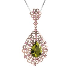 Dalila Kolye - Peridot ve pembe kuvars 14 ayar rose altın kolye (40 cm beyaz altın rolo zincir) #qhzotz