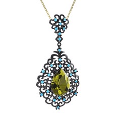 Peridot ve akuamarin 925 ayar siyah rodyum kaplama gümüş kolye (40 cm altın rolo zincir)