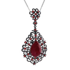 Dalila Kolye - Kök yakut ve garnet 925 ayar siyah rodyum kaplama gümüş kolye (40 cm gümüş rolo zincir) #r7rd55